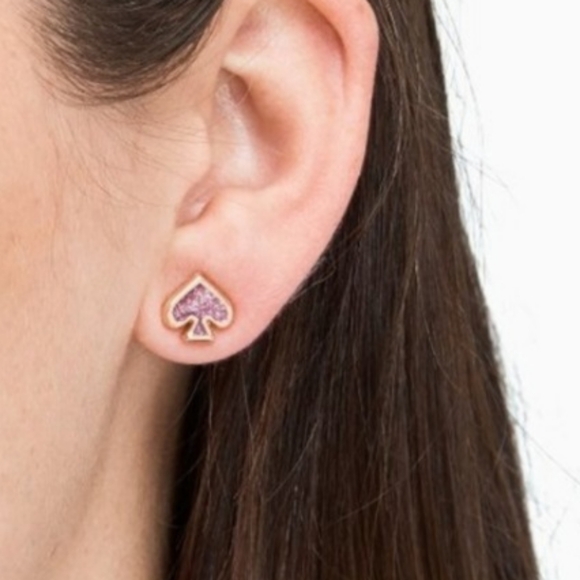 Kate Spade Gold Pink Purple Glitter Enamel Logo Stud Earrings - Picture 5 of 8